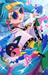  aqua_hair bird blue_gloves bracelet chatot earrings fingerless_gloves gloves hachimitsu_monte hatsune_miku highres jewelry long_hair multicolored_pants musical_note normal_miku_(project_voltage) pants pokemon pokemon_(creature) project_voltage shirt sunglasses tongue tongue_out twintails very_long_hair vocaloid 