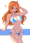  1girl :p ;) absurdres arm_support bikini blue_bikini blush bracelet breasts brown_eyes cleavage closed_mouth collarbone cowboy_shot dashi heart highres jewelry large_breasts long_hair looking_at_viewer nami_(one_piece) navel one_eye_closed one_piece orange_hair shiny_skin smile solo standing swimsuit thighs tongue tongue_out 