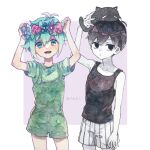  2boys basil_(omori) black_eyes black_hair blush cat closed_mouth colored_skin copyright_name expressionless flower green_eyes green_hair green_overalls green_shirt green_shorts grey_background head_wreath highres looking_at_viewer mewo multiple_boys omori omori_(omori) open_mouth overall_shorts overalls shinku_(ffs0705_s) shirt short_hair short_sleeves shorts smile tank_top two-tone_background white_background white_shorts white_skin 