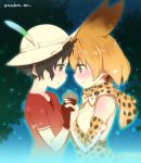  2girls animal_ears bare_shoulders black_gloves black_hair blonde_hair blush bow bowtie breasts brown_eyes commentary_request couple elbow_gloves extra_ears eye_contact forehead-to-forehead gloves hat hat_feather heads_together holding_hands interlocked_fingers kaban_(kemono_friends) kemono_friends looking_at_another madara_sai medium_breasts multiple_girls print_bow print_bowtie print_gloves print_skirt red_shirt serval_(kemono_friends) serval_print shirt short_hair short_sleeves skirt sleeveless sleeveless_shirt small_breasts smile twitter_username upper_body white_headwear white_shirt yuri 