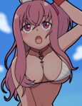  1girl bare_shoulders bikini breasts cloud day goddess_of_victory:_nikke hat large_breasts open_mouth outdoors pepper_(nikke) pepper_(ocean_vitamin)_(nikke) pink_eyes pink_hair side_ponytail siomizuuu sky solo swimsuit teeth upper_teeth_only white_bikini white_headwear 