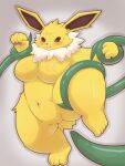  absurd_res anthro biped blush breasts brown_eyes eeveelution featureless_breasts female fur generation_1_pokemon genitals hi_res jolteon lying navel nintendo on_back pokemon pokemon_(species) pussy shadow shiryujack08 solo tentacles white_body white_fur yellow_body yellow_fur 