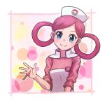  1girl blue_eyes closed_mouth dress eyelashes hair_rings hat joy_(pokemon) kotobukkii_(yt_lvlv) looking_at_viewer nurse nurse_cap pink_dress pink_hair pokemon pokemon_(game) pokemon_xy simple_background smile solo upper_body 