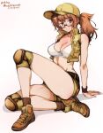 1girl artist_name baseball_cap blush breasts brown_eyes brown_footwear brown_hair brown_jacket brown_shorts cleavage commentary cropped_jacket dated english_commentary english_text fio_germi glasses hat jacket knee_pads large_breasts long_hair looking_at_viewer metal_slug midriff mina_cream open_clothes open_jacket paid_reward_available ponytail round_eyewear shadow shoes short_shorts shorts sidelocks sitting sleeveless sleeveless_jacket smile socks solo tank_top teeth white_tank_top wristband 