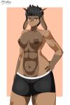  2023 abs anthro areola black_hair bottomwear bovid bovine breasts brown_body caprine cel_shading clothed clothing digital_media_(artwork) exposed_breasts female flyingtrace georgia_(flyingtrace) goat hair hi_res horn long_ears mammal multicolored_body muscular navel orange_eyes shaded shorts signature simple_background solo tattoo topless 