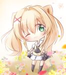  1girl ;3 ascot black_ascot black_socks blonde_hair blurry blurry_background blush chibi closed_mouth commentary_request falling_petals flower green_eyes hair_between_eyes hair_intakes hair_ornament highres kneehighs long_hair looking_at_viewer miniskirt one_eye_closed petals pink_flower puffy_short_sleeves puffy_sleeves red_flower sailor_collar school_uniform short_sleeves sidelocks signature simple_background skirt smile socks solo summer_pockets sweater_vest tareme tsumugi_wenders twintails utuigawa white_background white_sailor_collar white_skirt x_hair_ornament yellow_flower yellow_sweater_vest 