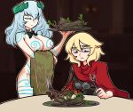  2girls black_bow black_bowtie blonde_hair blue_hair body_markings borrowed_character bow bowtie breasts brown_gloves carving_fork centurii-chan centurii-chan_(artist) cleavage cloak closed_eyes colored_eyelashes food fork gloves head_wreath holding_utensil knife leaf long_hair multiple_girls nude original pictish_witch_(anonhistory) plate red_cloak red_eyes roman_armor single_glove table tree_bark waitress 