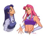 2girls artist_name bare_shoulders blackfire breasts colored_sclera commentary cropped_torso dc_comics ear_piercing english_commentary green_eyes green_sclera grin highres jenxd_d looking_at_viewer medium_breasts multiple_girls navel outstretched_hand piercing purple_eyes purple_hair red_hair siblings simple_background sisters smile starfire teen_titans teeth white_background 