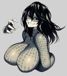  1girl absurdres black_gloves black_hair bodysuit boku_no_hero_academia breasts disembodied_limb domino_mask fingerless_gloves gloves green_hair greyscale grin hair_between_eyes hand_up highres hz_(666v) lips long_hair long_sleeves looking_at_viewer mask monochrome paid_reward_available sharp_teeth smile solo superhero teeth tokage_setsuna turtleneck upper_body 