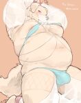  anthro belly blush bulge canid canine canis clothing dancing domestic_dog ear_piercing ear_ring fur harem_outfit hi_res kuritama male mammal moobs navel nipples overweight pawpads piercing ring_piercing solo thong underwear veil white_body white_fur 