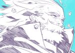  1boy beard blue_background cape closed_eyes facial_hair fate/grand_order fate_(series) flower happy_aura hatching_(texture) linear_hatching long_hair male_focus monochrome old old_man ptolemy_(fate) ryuuki_garyuu upper_body wrinkled_skin 