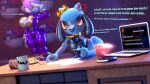  16:9 3d_(artwork) absurd_res accessory anthro big_breasts blaze_the_cat blender_(software) blue_body blue_fur blurred_background blurred_character bodysuit boots breasts canid canine choker clothed clothing coffee_mug computer container cross-popping_vein crown cup desk digital_media_(artwork) domestic_cat duo english_text eyelashes eyewear felid feline felis female food footwear forehead_gem fries fur furniture gem generation_4_pokemon gesture glasses glistening glistening_bodysuit glistening_clothing glistening_rubber glistening_skinsuit gloves handwear headgear hi_res jewelry laptop latex latex_bodysuit latex_clothing latex_gloves looking_at_viewer male mammal master_ball military_uniform mug necklace nintendo palisal paper pen pokeball pokemon pokemon_(species) purple_body purple_bodysuit purple_fur purple_latex red_eyes riolu rubber_clothing rubber_suit salute sega skinsuit small_waist smile soda_cup sonic_the_hedgehog_(series) table tail text thick_thighs tight_clothing uniform white_clothing white_gloves white_handwear white_latex wide_hips widescreen writing_utensil yellow_eyes 