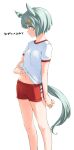  1girl absurdres blue_eyes breasts clothes_lift ear_covers green_hair green_tail hamao highres horse_tail lifted_by_self looking_to_the_side navel red_shorts seiun_sky_(umamusume) shirt shirt_lift short_sleeves shorts simple_background small_breasts smile solo standing tail umamusume white_background white_shirt 