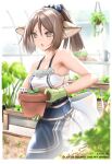  1girl animal_ears arknights armpit_crease blush brown_eyes brown_hair day dress flower fox_ears fox_girl gloves greenhouse highres holding open_mouth perfumer_(arknights) plant potted_plant rose running solo watering_can white_flower white_rose yokaze_(yokajie) 