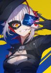  1girl absurdres arknights black_gloves breasts card cleavage commentary_request eye_mask gloves grey_hair grin gus1999 highres holding holding_card large_breasts looking_at_viewer short_hair smile solo upper_body w_(arknights) yellow_background yellow_eyes 