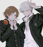  2boys black_jacket blush_stickers brown_eyes brown_hair closed_mouth collared_shirt double_v grey_background grey_eyes grey_hair hanamura_yousuke headphones headphones_around_neck highres jacket long_sleeves looking_at_viewer male_focus multiple_boys narukami_yuu one_eye_closed open_clothes open_jacket parted_lips persona persona_4 pswlv05 school_uniform shirt simple_background upper_body v white_shirt yasogami_school_uniform 