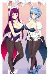  alternate_costume animal_ears bare_shoulders blue_hair braid breasts brown_eyes cleavage collarbone crown_braid detached_collar fake_animal_ears fire_emblem fire_emblem:_three_houses fire_emblem_engage fishnets highleg highleg_leotard highres ivy_(fire_emblem) large_breasts leotard long_hair looking_at_viewer marianne_von_edmund playboy_bunny purple_eyes purple_hair rabbit_ears sixtybuzzer strapless strapless_leotard 