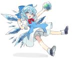  1girl :d arm_up black_footwear bloomers blue_bow blue_dress blue_eyes blue_hair bow bowtie cirno commentary_request dress frozen_frog full_body hair_bow holding ice ice_wings looking_at_viewer medium_hair open_mouth osakanadream pointy_ears puffy_short_sleeves puffy_sleeves red_bow red_bowtie shirt short_sleeves simple_background smile socks solo touhou underwear white_background white_bloomers white_shirt white_socks wings 