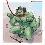  &lt;3 blush canid canine canis collar crouching domestic_dog eu_sou_infinito genitals hi_res leash leash_and_collar male mammal muscular muscular_male muttley nude penis red_collar solo stick tail tail_motion tailwag tongue tongue_out white_heart 