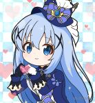 1girl asymmetrical_gloves black_gloves blue_eyes blue_hair blue_headwear blue_jacket checkered_background closed_mouth commentary_request gloves gochuumon_wa_usagi_desu_ka? hair_between_eyes hair_ornament hands_up hat heart heart_hands jacket kafuu_chino long_hair long_sleeves looking_at_viewer mismatched_gloves mitya sleeves_past_wrists smile solo top_hat twitter_username upper_body very_long_hair white_gloves x_hair_ornament 
