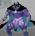  abs balls biceps cloak clothing darkened_genitalia darkened_glans darkened_penis flaccid genitals glans gloves glowing glowing_eyes handwear hi_res holding_lightsaber humanoid male muscular muscular_humanoid muscular_male muto2000_(artist) navel nickelodeon penis purple_body simple_background standing the_fairly_oddparents 