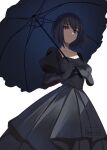  1girl alternate_costume black_dress black_gloves black_umbrella breasts closed_mouth collarbone commentary_request dress gloves hair_between_eyes highres holding holding_umbrella juliet_sleeves kuonji_alice long_sleeves looking_at_viewer mahou_tsukai_no_yoru medium_breasts parasol puffy_sleeves purple_eyes shintyoi2 short_hair simple_background smile solo umbrella white_background 