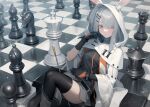  1girl absurdres animal_ears arknights between_legs bishop_(chess) black_shirt blush board_game breasts checkered_floor chess chess_piece chessboard cloak commentary_request frostnova_(arknights) gloves hair_ornament hair_over_one_eye hairclip hand_up highres hood hood_up king_(chess) knee_up knight_(chess) leaning_back legs long_hair looking_at_viewer medium_breasts miniskirt oversized_object queen_(chess) rabbit_ears rabbit_girl rook_(chess) shirt sitting_on_bench skindentation skirt smile snowflakes snowing solo thighhighs thighs welt_(kinsei_koutenkyoku) white_cloak white_eyes white_hair 