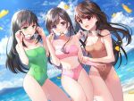  3girls :d bare_arms bare_shoulders bikini black-framed_eyewear black_hair blue_sky blurry blurry_background breasts brown_one-piece_swimsuit cleavage cloud commentary_request commission covered_navel day depth_of_field dutch_angle eyewear_removed green_eyes green_one-piece_swimsuit highres holding holding_eyewear long_hair medium_breasts mole multiple_girls nekozuki_yuki one-piece_swimsuit original outdoors parted_lips petals pink_bikini pixiv_commission purple_eyes red_eyes sky smile strapless strapless_bikini strapless_swimsuit swimsuit twitter_username very_long_hair water watermark 