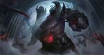  1boy absurdres armor attack colored_skin english_commentary fighting fingerless_gloves fire gloves glowing glowing_eye haotian_gruru highres incoming_attack indoors injury league_of_legends light male_focus mask mouth_mask muscular muscular_male mutant open_mouth people red_eyes shoulder_armor sion_(league_of_legends) solo_focus standing sword weapon 