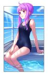  1girl ai_kusunoki bare_arms bare_legs blue_one-piece_swimsuit blush border breasts cleavage closed_mouth collarbone covered_navel hand_on_lap highres one-piece_swimsuit outside_border purple_hair red_eyes school_swimsuit short_hair_with_long_locks sidelocks sitting small_breasts smile soaking_feet solo swimsuit twitter_username voiceroid white_border yuzuki_yukari 