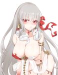  1girl arm_under_breasts armlet bare_shoulders belly_chain blush body_markings bracelet breast_hold breasts cleavage collarbone colored_skin durga_(fate) earrings facial_mark fate/grand_order fate_(series) forehead_mark gradient_skin grey_hair hair_ribbon highres jewelry large_breasts leaning_forward ling_huanxiang long_hair looking_at_viewer pelvic_curtain red_eyes red_skin revealing_clothes ribbon sash snake solo thighs very_long_hair 