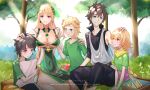  1girl 2girls 3boys baguette black_hair black_shirt blonde_hair blue_eyes bread breasts cleavage demeter_(fate) family fate/grand_order fate_(series) father_and_daughter father_and_son food fujimaru_ritsuka_(female) fujimaru_ritsuka_(male) highres if_they_mated large_breasts mother_and_daughter mother_and_son multiple_boys multiple_girls pillow purple_eyes revealing_clothes sandwich shiro_font shirt smile tree 