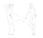  anthro arched_back balls bow_ribbon breasts canid canine canis chest_tuft dipingxiangtr.d duo female flaccid genitals humanoid_genitalia humanoid_penis looking_at_viewer male mammal nude pawpads penis posed tail tuft walking wolf 