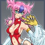  1girl animal_hands bare_shoulders breasts claws commentary_request covered_nipples duel_monster feathers green_eyes harpie_cielo harpy long_hair medium_breasts monster_girl multicolored_hair navel pink_hair pointy_ears purple_hair rindou_akira solo two-tone_hair white_feathers white_wings winged_arms wings yu-gi-oh! yu-gi-oh!_rush_duel 