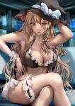  armpits bikini black_bikini black_headwear blonde_hair bow braid breasts cleavage frilled_bikini frills hat hat_bow highres kaeranu_kaeru kirisame_marisa large_breasts long_hair side_braid single_braid sitting swimsuit thick_thighs thigh_strap thighs touhou white_bow witch_hat yellow_eyes 