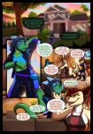  2023 anthro biped blue_sclera blue_teeth building clothed clothing colored comic daughter_(lore) dialogue dialogue_box dinosaur english_text female genesis_(kabscorner) green_body green_tail green_text group hair hi_res house inside kabscorner male mariko_(kabscorner) mother_(lore) mother_and_child_(lore) mother_and_daughter_(lore) page_number parent_(lore) parent_and_child_(lore) parent_and_daughter_(lore) red_hair reptile scalie smile speech_bubble tail tan_body text trio vergence yellow_sclera 