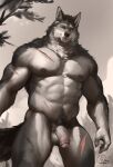  abs absurd_res anthro balls canid canine canis fangs flaccid foreskin front_view fur genitals grey_body grey_fur hanukami hi_res humanoid_genitalia humanoid_penis male mammal muscular muscular_anthro muscular_male nipples pecs penis scar solo standing teeth wolf yellow_eyes 