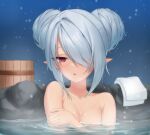 1girl absurdres blue_archive blush bokuhakiyoshi breasts collarbone completely_nude dark-skinned_female dark_skin double_bun grey_hair hair_bun hair_over_one_eye highres iori_(blue_archive) medium_breasts nude onsen parted_lips partially_submerged pointy_ears portrait red_eyes short_hair solo water wet white_towel 