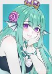  1girl crown dinokano finana_ryugu finana_ryugu_(1st_costume) fins flower frilled_sailor_collar frills green_hair hair_flower hair_ornament hand_on_own_cheek hand_on_own_face head_fins long_hair nijisanji nijisanji_en purple_eyes purple_flower sailor_collar smile solo virtual_youtuber wrist_cuffs 