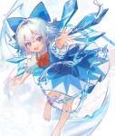  1girl blue_bow blue_eyes blue_hair bow calcite cirno hair_bow highres open_mouth short_hair simple_background smile solo touhou white_background 