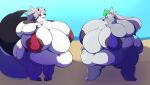  2023 anthro beach big_breasts bikini black_body black_fur black_nose blue_bikini blue_clothing blue_swimwear breasts canid canid_demon canine canis clothing demon digital_drawing_(artwork) digital_media_(artwork) duo female five_nights_at_freddy&#039;s five_nights_at_freddy&#039;s:_security_breach fur green_hair grey_body grey_fur grey_hair hair hellhound helluva_boss hi_res loona_(helluva_boss) mammal multicolored_body multicolored_fur nipples obese obese_anthro obese_female overweight overweight_anthro overweight_female red_bikini red_clothing red_sclera red_swimwear roxanne_wolf_(fnaf) scottgames seaside steel_wool_studios swimwear tynami white_body white_fur wolf 