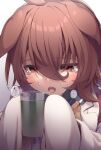  ... 1girl agnes_tachyon_(umamusume) ahoge animal_ears brown_hair coat commentary_request cup drinking_glass ears_down gradient_background hair_between_eyes hibiki_(zerocodo) highres holding holding_cup horse_ears horse_girl lab_coat open_mouth red_eyes royal_bitter_juice short_hair sleeves_past_fingers sleeves_past_wrists solo spoken_ellipsis tearing_up umamusume upper_body very_long_sleeves white_coat 