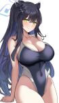  1girl absurdres animal_ears bare_arms bare_shoulders black_hair black_one-piece_swimsuit blue_archive blue_halo breasts cleavage closed_mouth collarbone commentary_request covered_navel cowboy_shot green_eyes grin halo highres large_breasts long_hair looking_at_viewer metsu_end one-piece_swimsuit shun_(blue_archive) simple_background smile solo swimsuit tiger_ears white_background 