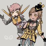  2girls animification apex_legends armor black_gloves black_headwear bodysuit chidori_100 earpiece gloves gold_standard_loba happy hat headband highres jacket loba_(apex_legends) mini_hat multiple_girls simple_background titan_tested_valkyrie valkyrie_(apex_legends) waving yellow_jacket 