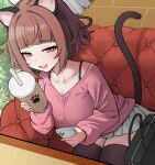  1girl animal_ears bag black_thighhighs blunt_bangs bra_strap breasts brown_hair cat_ears cat_girl cat_tail cellphone collarbone couch cup drinking_straw dutch_angle from_above half-closed_eyes holding holding_cup holding_phone kmnz large_breasts long_sleeves looking_at_viewer mc_liz miniskirt nago_purin open_mouth phone pink_sweater pleated_skirt purple_eyes short_hair skirt smartphone smile solo sweater tail thighhighs virtual_youtuber white_skirt zettai_ryouiki 