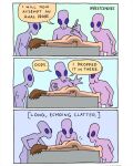  alien anal_probe beetlemoses big_butt big_eyes butt comic dialogue english_text featureless_crotch group hi_res human humanoid humanoid_hands lying male mammal not_furry nude on_front open_mouth purple_body purple_skin scientific_experiment text tools 