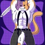  abs anthro calico_cat digital_media_(artwork) domestic_cat epic_games erection felid feline felis fizzyjay fortnite fur genitals hi_res looking_at_viewer male mammal meowscles muscular muscular_anthro muscular_male pecs penis simple_background smile solo suspenders 
