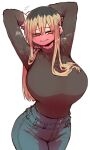  1girl @_@ arms_behind_head black_hair black_shirt blonde_hair blush bra_visible_through_clothes breasts ceiling contrapposto denim highres huge_breasts jeans kinjo_no_hito_no_nakimushi large_breasts long_sleeves looking_at_viewer multicolored_hair naughty_face ochiai_(kinjo_no_hito_no_nakimushi) pants shirt smile solo standing steaming_body two-tone_hair zyugoya 