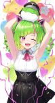  1girl armpits arms_up ascot black_skirt delutaya diagonal_bangs drill_hair green_hair guchico happy_birthday high-waist_skirt highres indie_virtual_youtuber looking_at_viewer multicolored_hair one_eye_closed open_mouth pink_ascot pink_hair red_eyes skirt smile solo streaked_hair triangle_hair_ornament twin_drills twintails two-tone_hair virtual_youtuber 