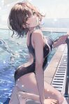  1girl absurdres ass back_cutout blush breasts brown_hair clothing_cutout commission competition_swimsuit fujiya_takao highres higuchi_madoka idolmaster idolmaster_shiny_colors large_breasts looking_at_viewer looking_to_the_side mole mole_under_eye one-piece_swimsuit pool pool_ladder poolside skeb_commission solo splashing swimsuit 